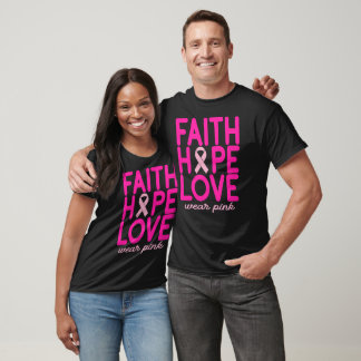 Camiseta Fé Esperança Amor Fita Rosa Câncer de Mama Gráfico