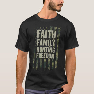 Camiseta Fé Família Caça Liberdade Caçador EUA Camuflado