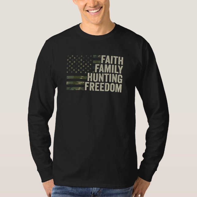 Camiseta Fé Família caçando Liberdade Caçador Deus Deer Cam (Frente)