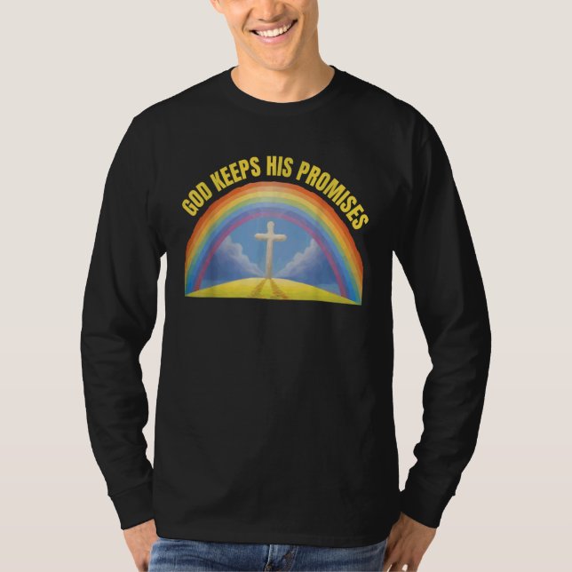 Camiseta Fé Religiosa Cristã Arco-Íris Deus Mantém Seu Pr (Frente)