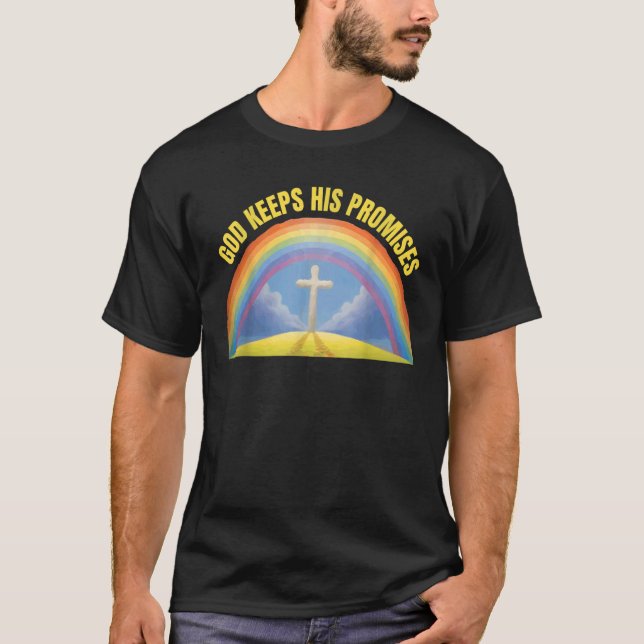 Camiseta Fé Religiosa Cristã Arco-Íris Deus Mantém Seu Pr (Frente)