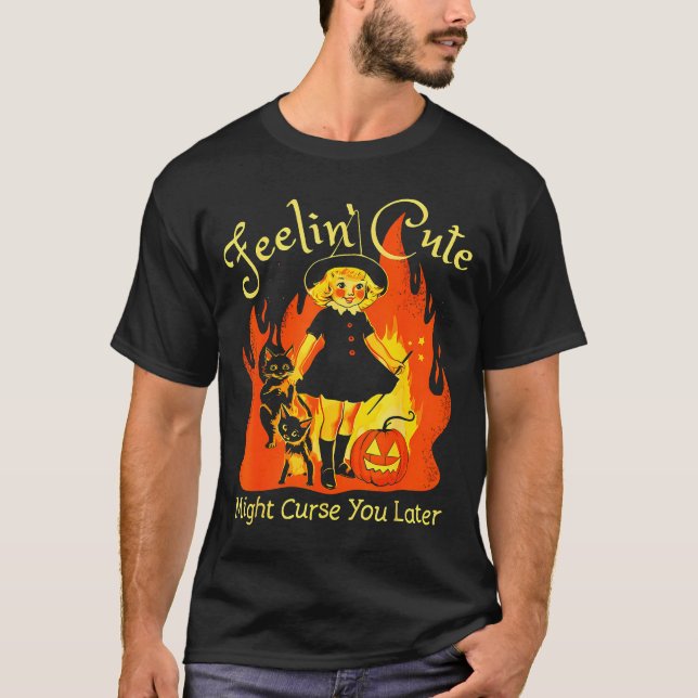 Camiseta Feelin Cute Might Curse You Later Retro Witch Cat  (Frente)