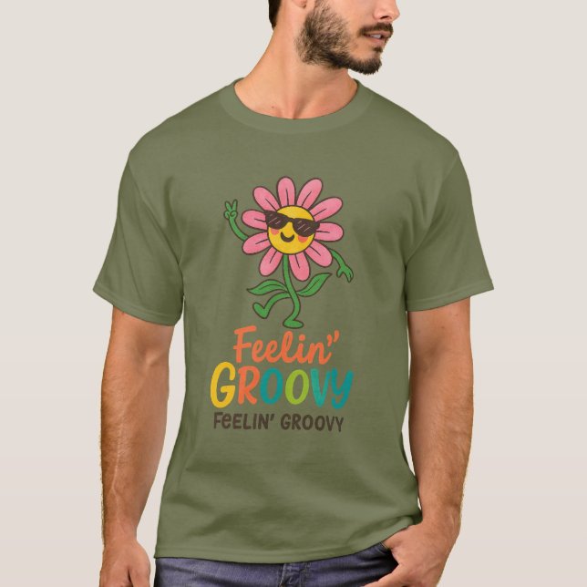 Camiseta Feelin’ Groovy Retro Flower  Basic Dark T-Shirt (Frente)