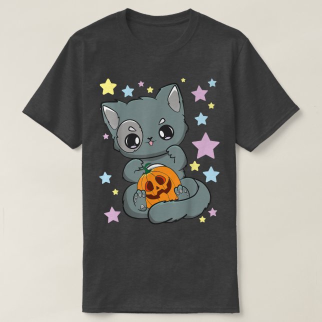 Camiseta Feira de Abóbora do Gótico Neko Kawaii Chibi (Frente do Design)