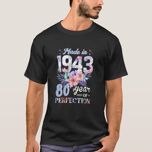 Camiseta Feita Em 1943, Ontem Floral, 80, De 80 Anos (Frente)