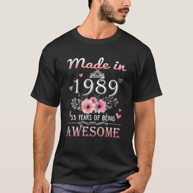 Camiseta Feita Em 1989, Presente De 33 Anos De Idade Floral (Frente)
