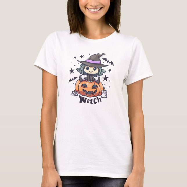 Camiseta Feiticeira Bonita Sentada numa Pumpkin - "Bruxa" (Frente)