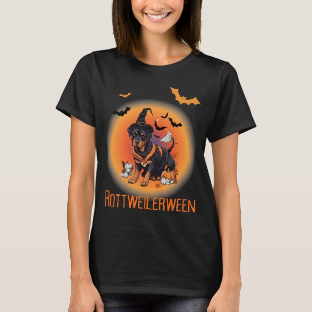 Camiseta Feiticeira-cão Rottweiller Halloween (Frente)