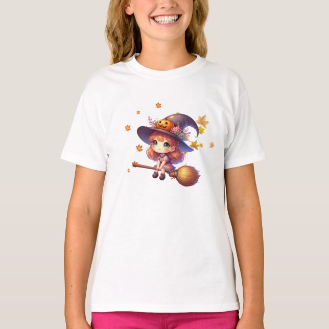 Camiseta Feiticeira Corta Adorável voando com vassoura, Hal (Frente)