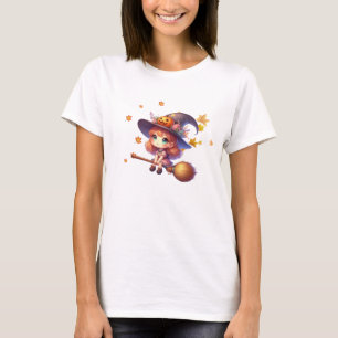 Camiseta Feiticeira Corta Adorável voando com vassoura, Hal
