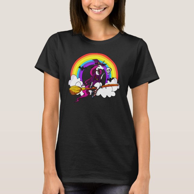 Camiseta Feiticeira da Unicórn Andando Broom Magical Rainbo (Frente)