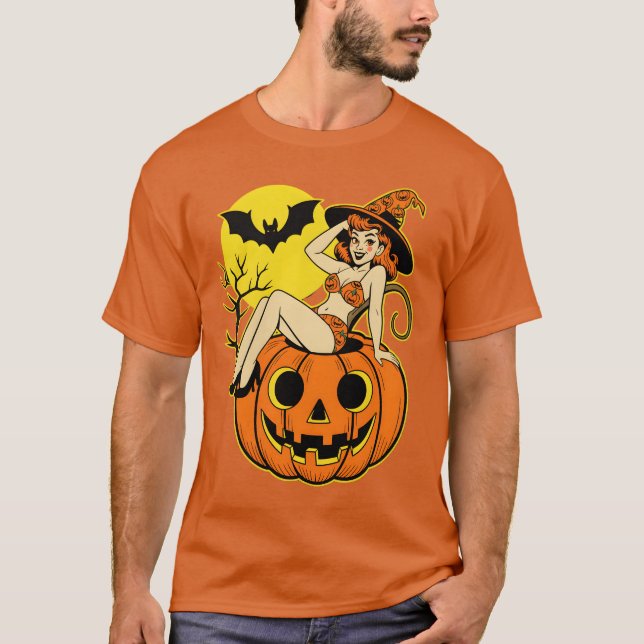 Camiseta Feiticeira de Pintura do Halloween na Abóbora (Frente)
