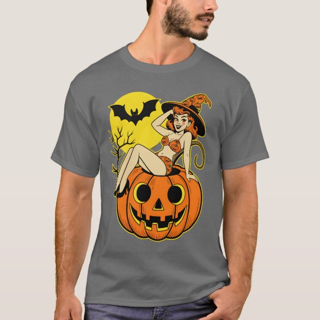 Camiseta Feiticeira de Pintura do Halloween na Abóbora (Frente)