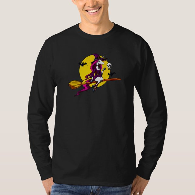 Camiseta Feiticeira do Unicórnio Andando Vassoura Fantasia  (Frente)