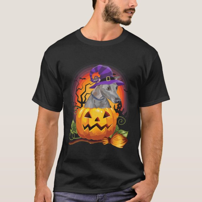 Camiseta Feiticeira italiana Greyhound Pumpkin Halloween -  (Frente)