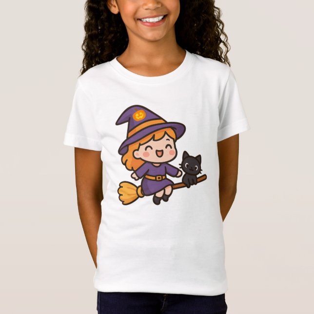 Camiseta Feiticeira Kawaii e Design de Halloween de Cat (Frente)