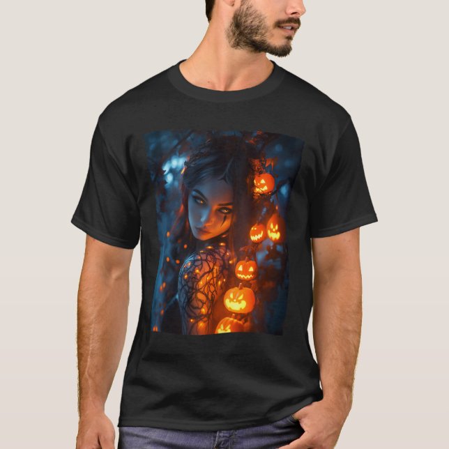 Camiseta Feiticeira Mística de Encantação de Halloween bril (Frente)