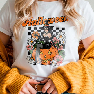 Camiseta Feiticeira-pin-up retro Halloween art - Abóbora-pi