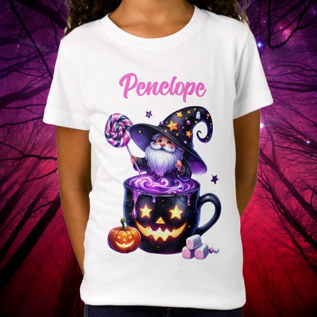 Camiseta Feiticeiro De Halloween Na Magia Pumpkin Mug Lolli (Halloween Wizard In Pumpkin Mug Lollipop Magic T-Shirt)