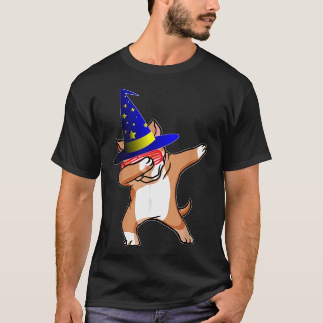 Camiseta Feiticeiro do Halloween Dabbing Pitbull Puppy Cach (Frente)