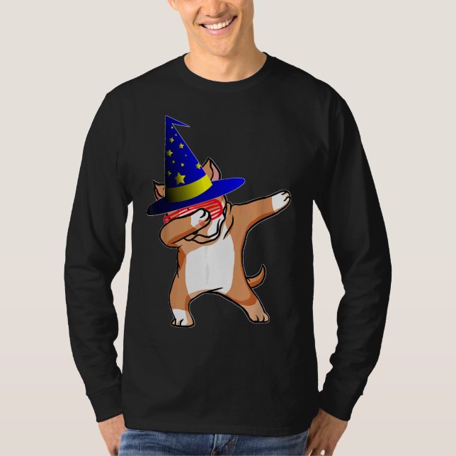 Camiseta Feiticeiro do Halloween Dabbing Pitbull Puppy Cach (Frente)