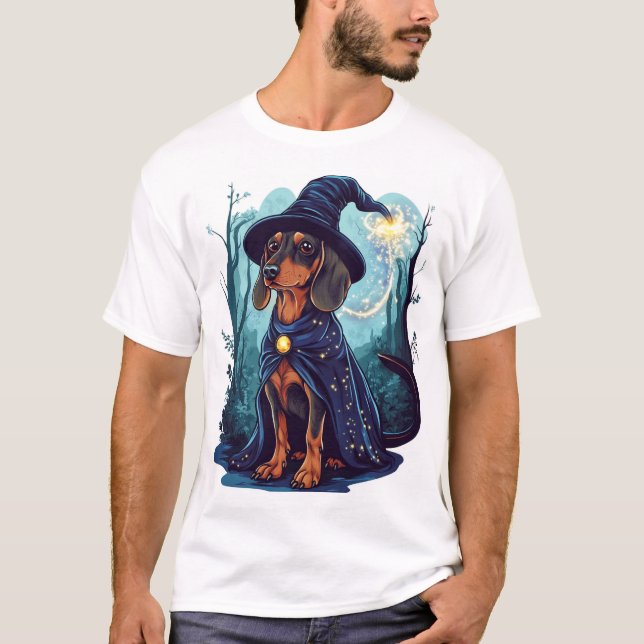 Camiseta Feiticeiro Wiener � Dachshund Mágico (Frente)