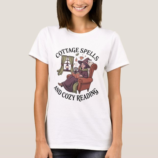 Camiseta Feitiços de algodão e feiticeira de coz que lê o c (Frente)