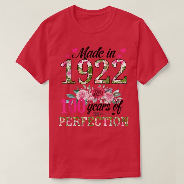 Camiseta Feito Em 1922, Floral, 100 Anos, 100º Aniversário  (Frente do Design)