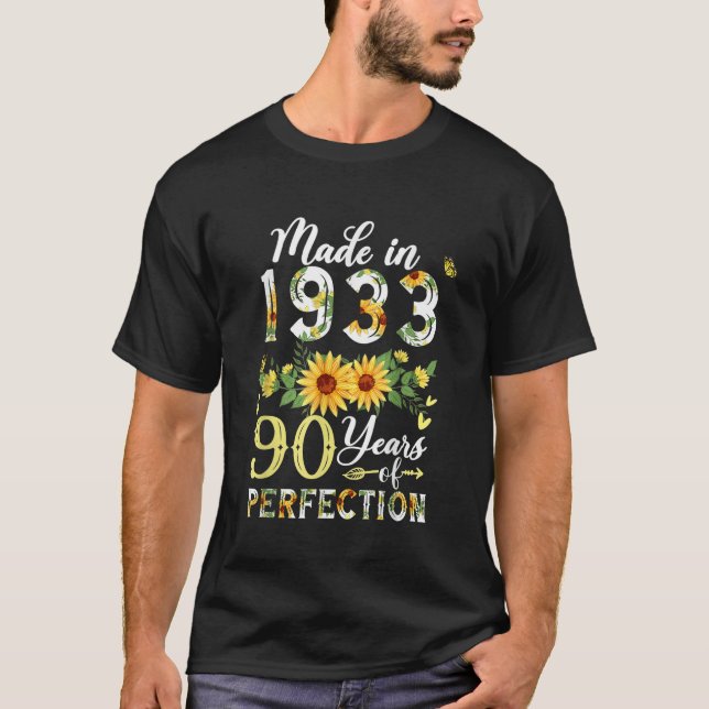 Camiseta Feito Em 1933, Girassol, 90 Anos, 90, Aniversário  (Frente)
