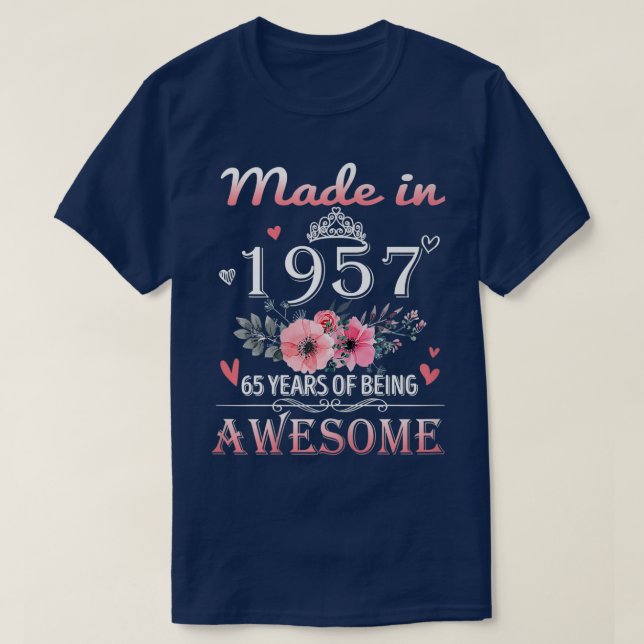 Camiseta Feito Em 1957, Presente De 65 Anos De Idade Floral (Frente do Design)