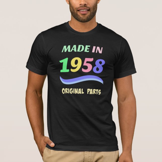 Camiseta Feito em 1958, design de texto colorido (Frente)
