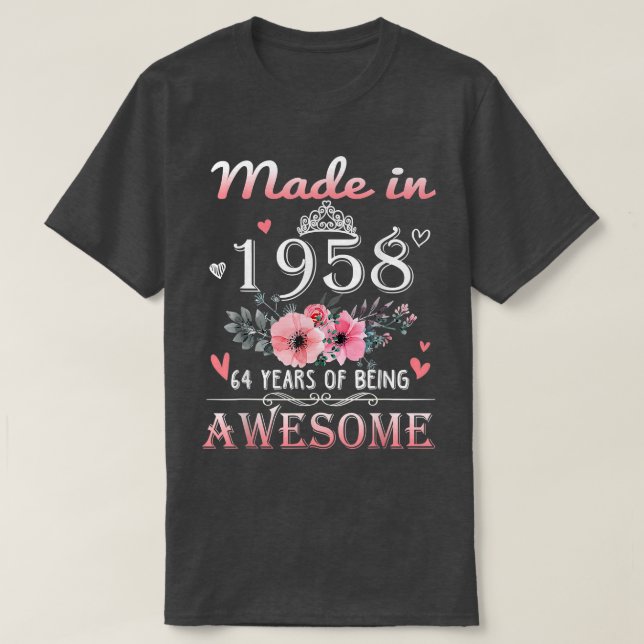 Camiseta Feito Em 1958, Presente Floral De 64 Anos, 64 Anos (Frente do Design)