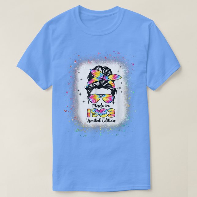 Camiseta Feito em Birthday Bleached Tie Dye Bun Wo, em 1983 (Frente do Design)