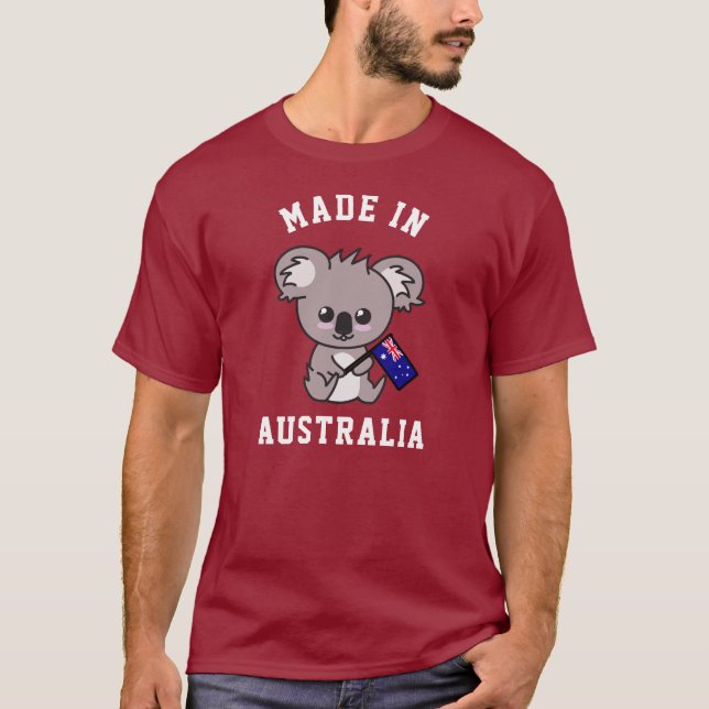 Camiseta Feito Na Austrália: Koala Segurando Bandeira Austr (Frente)