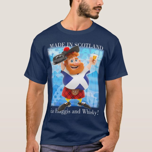 Camiseta Feito na Escócia com Haggis e Whisky (Frente)