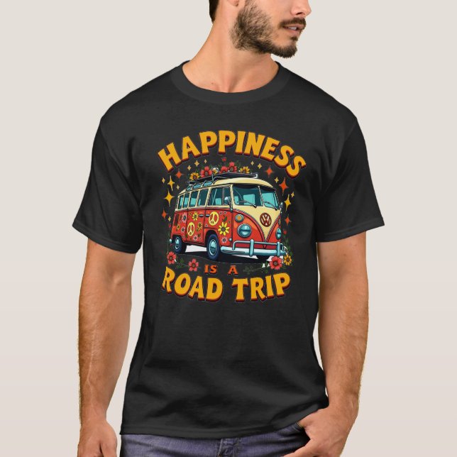 Camiseta Felicidade de Viagem de Barramento VW Ret (Frente)