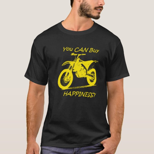 Camiseta Felicidade do comprar - amarelo no preto (Suzuki) (Frente)