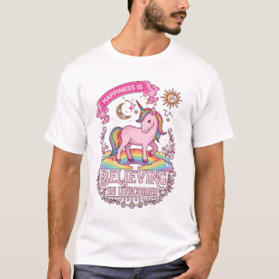 Camiseta Felicidade É Acreditar Unicórnios Arco-íris Estrel
