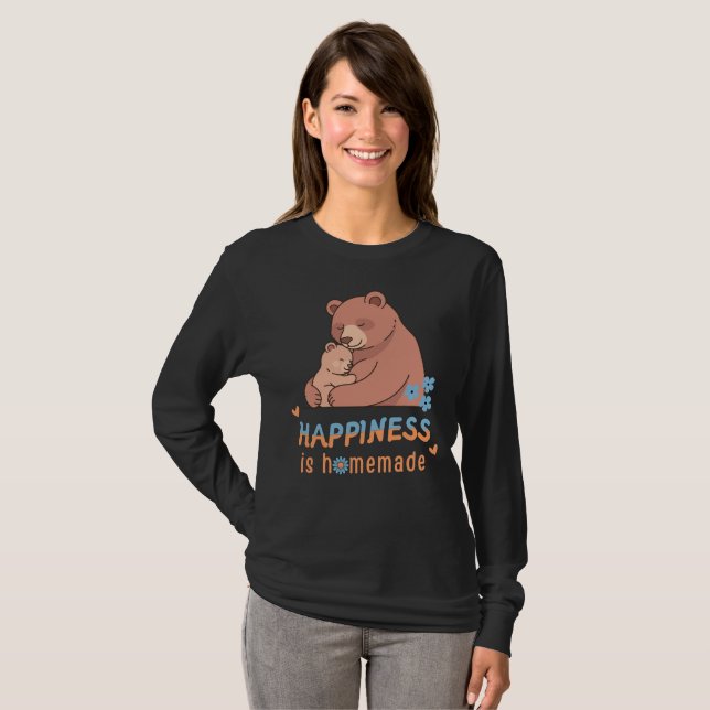 Camiseta Felicidade é Caseira Mamãe Urso Fofo & Bebê (Frente Completa)