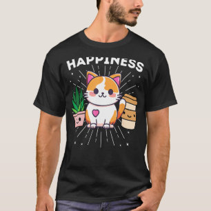 Camiseta Felicidade Eu Amo Gatos Plantas Café Engraçado
