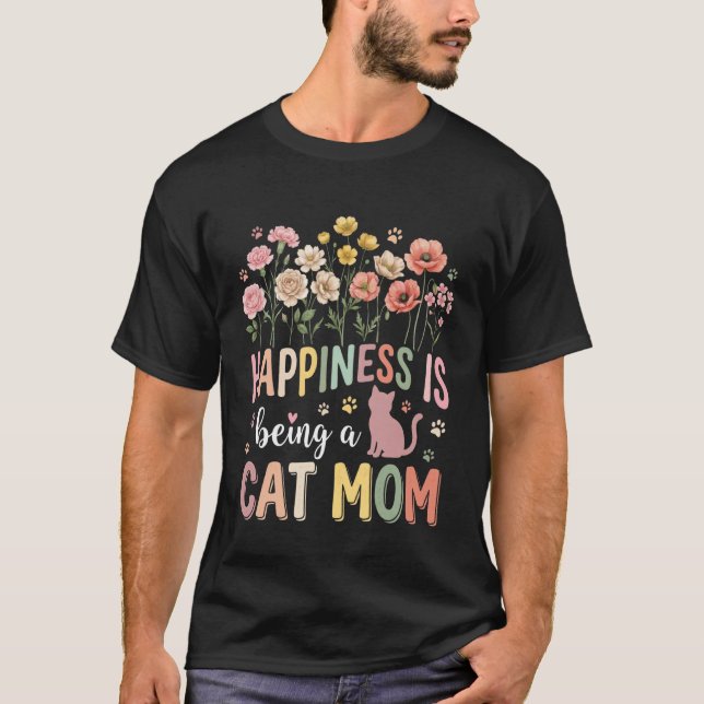 Camiseta Felicidade Ser Mãe de Gato Flores Floral Impressõe (Frente)