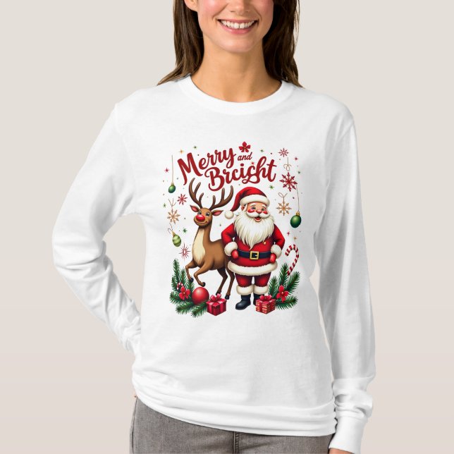 Camiseta Felicidades de Natal - Papais noeis e Reindeer Hol (Frente)
