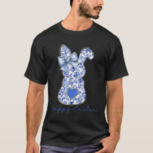 Camiseta Feliciz Páscoa Chinoiserie Floral Coelho Fofo Azul