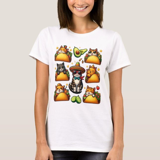 Camiseta Feline Fiesta: Gatos e Tacos (Frente)