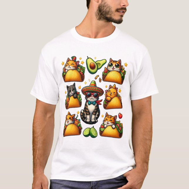 Camiseta Feline Fiesta: Gatos e Tacos (Frente)