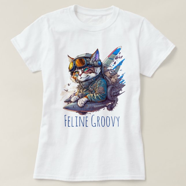 Camiseta Feline Groovy Cat Aviator Personalize (Frente do Design)