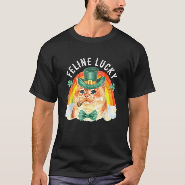 Camiseta Feline Lucky Funny Leprechaun Cat Rainbow Rua. Pat (Frente)