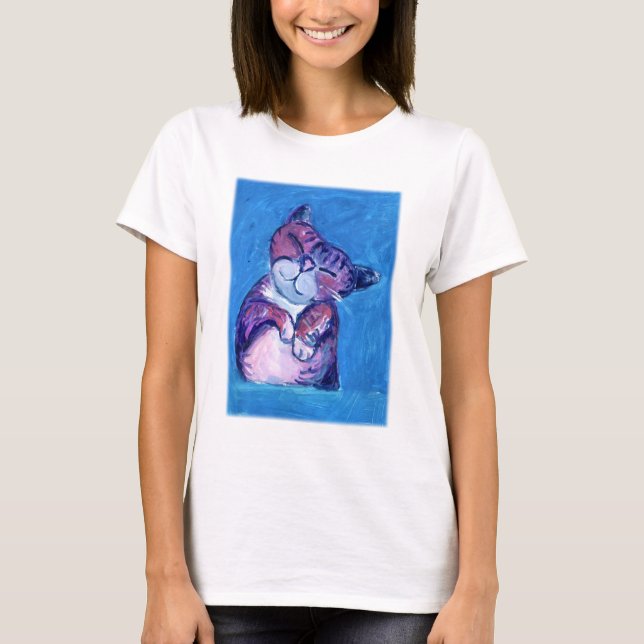Camiseta Felino de Pintura de Gato Molhado de Azul (Frente)