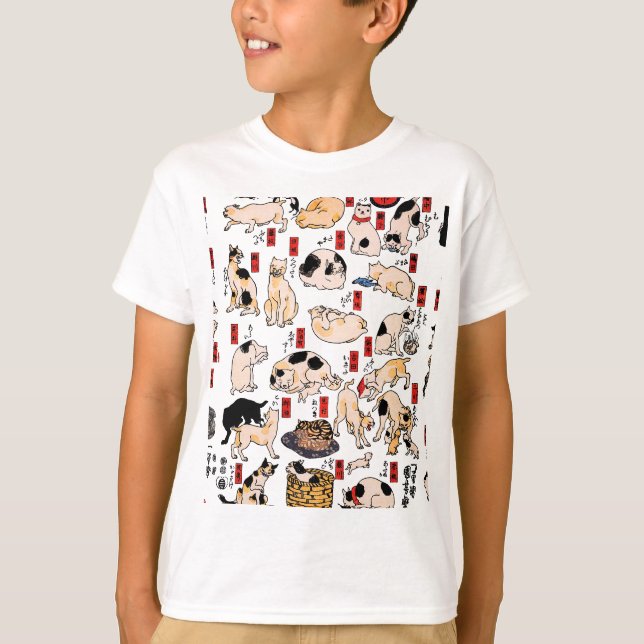 Camiseta felinos japoneses gatinho Ukiyo-e engraçado (Frente)