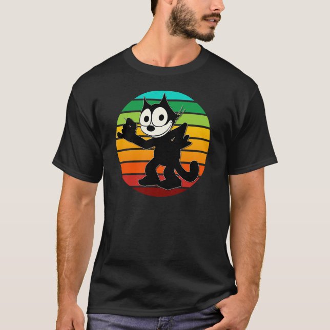 Camiseta Felix Cartoon Cat Retro Rainbow Sunset Sly Smiling (Frente)